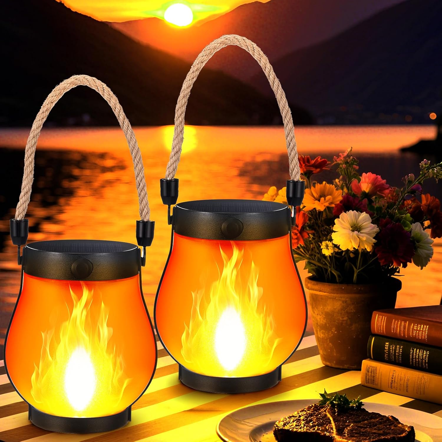 Fire Torch Solar - 2er-Pack Solar-Flammenlaternen, flackernde LED-hängende wiederaufladbare Lichter,