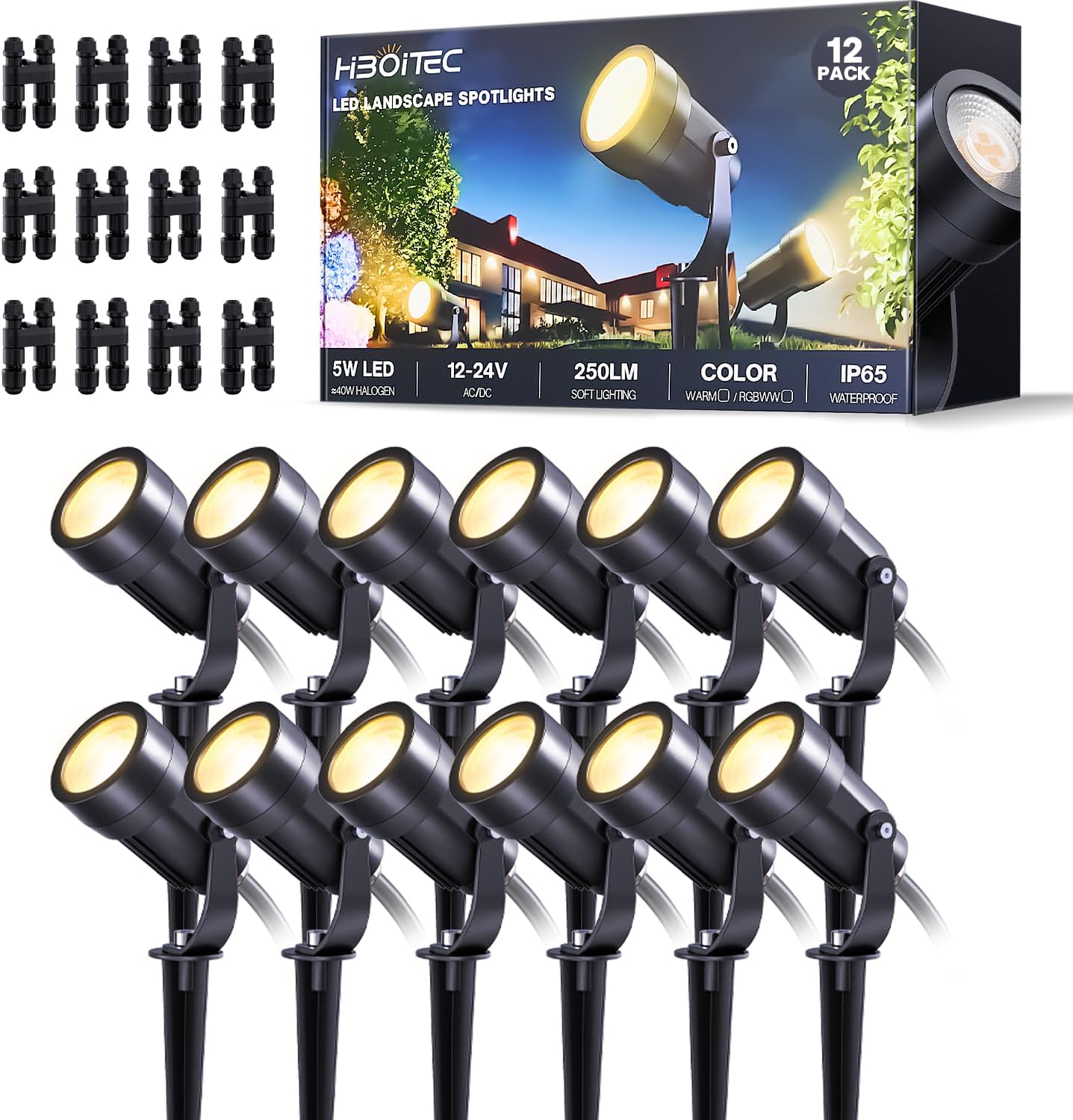 Outdoor Lighting Low Voltage - 12er-Pack Niederspannungs-Landschaftsbeleuchtung mit Fastlock-Verbindern, 5W LED-Strahler,